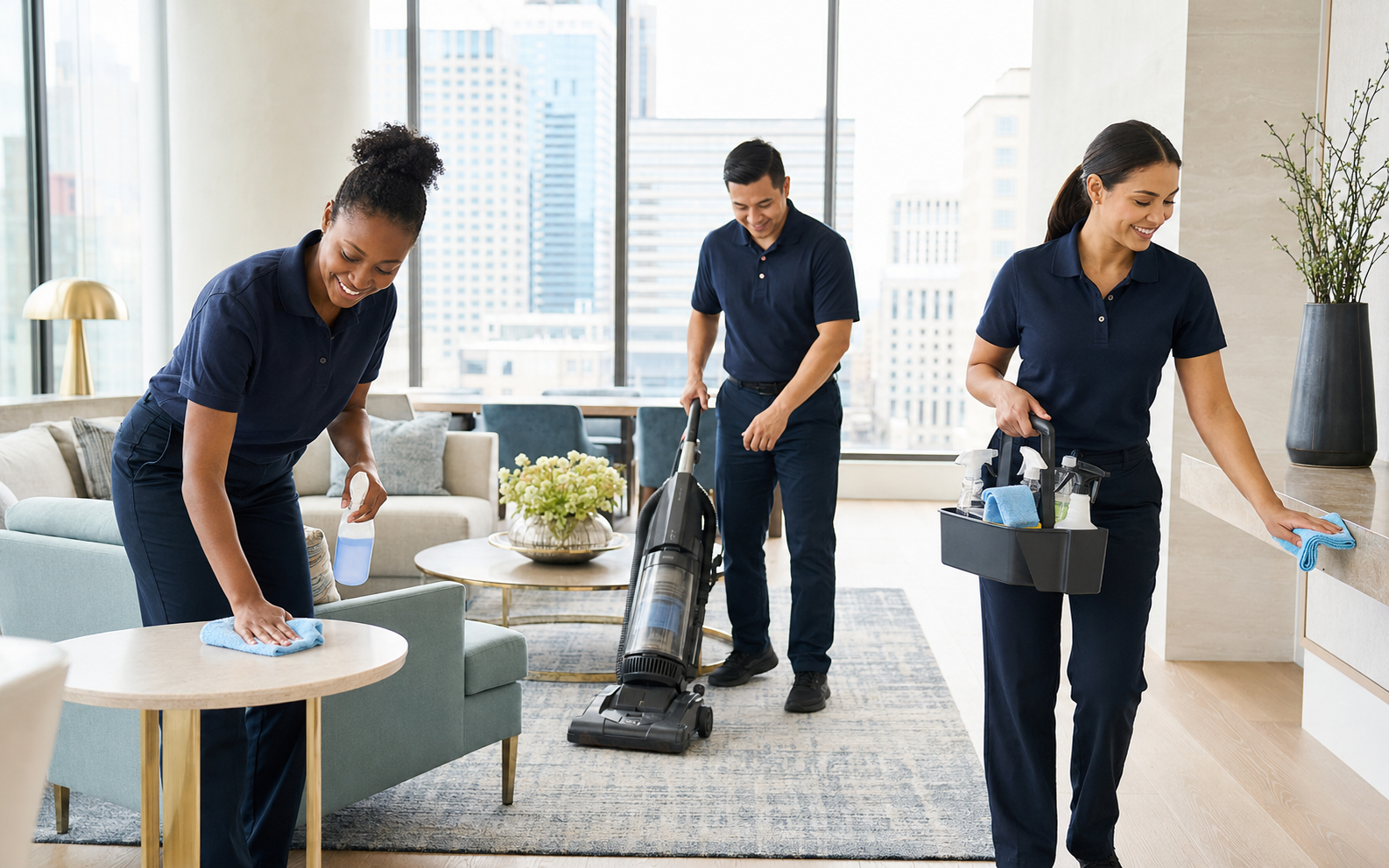 Professional Rios Cleaning team working in a bright apartment common area